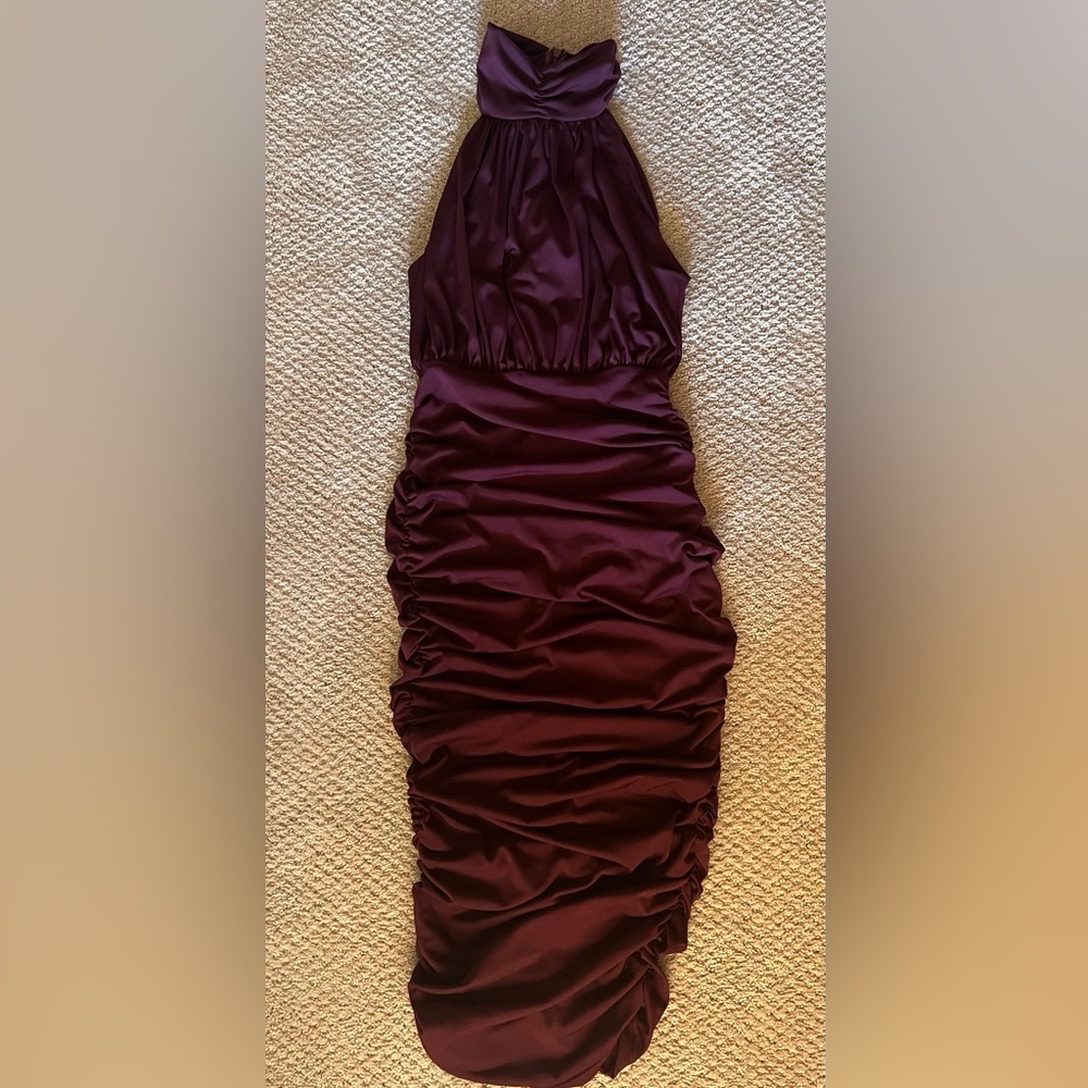 Small eggplant ruched halter neck dress